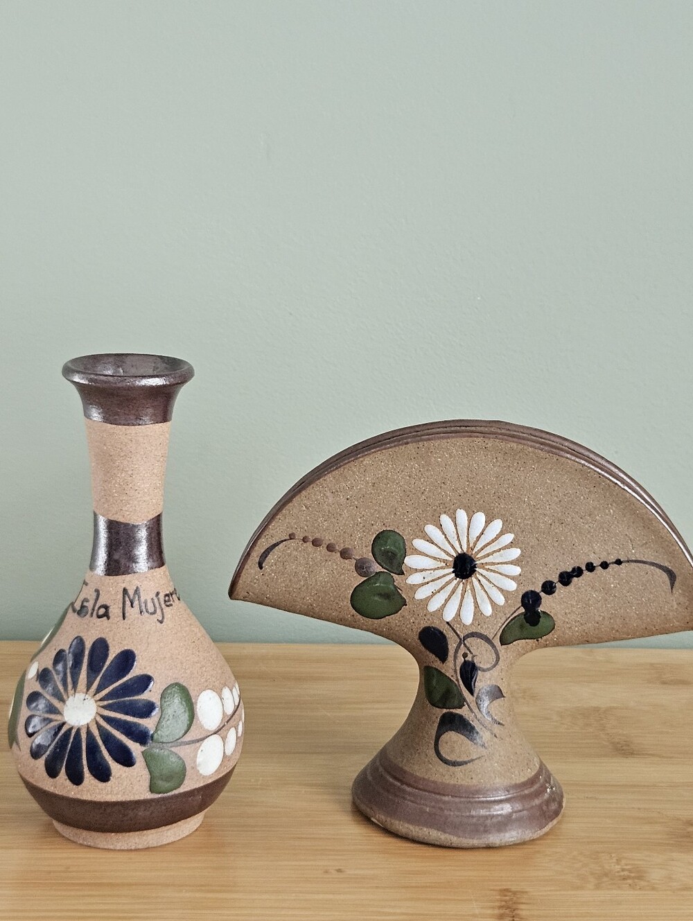 2pc Mexican Pottery Vases Hand-Painted Floral Signed Isla Mujeres 7 in